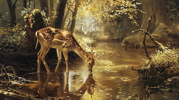 a deer drinking water with the words  fawn  on it