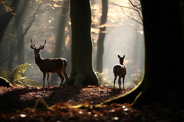 Deer Family Grazing in a Sunlit Forest Glade