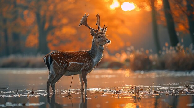 a deer and fawn are standing in a field of tall grass