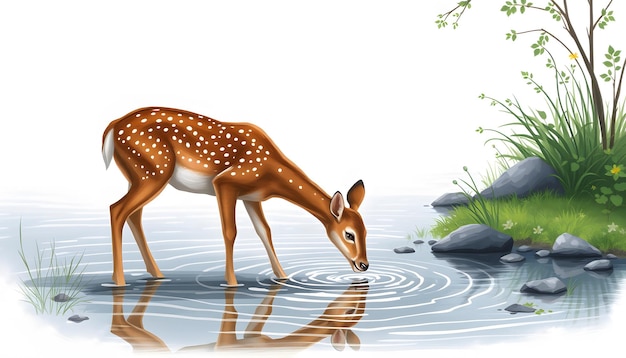 Photo deer fawn drinking in river isolated with white highlights