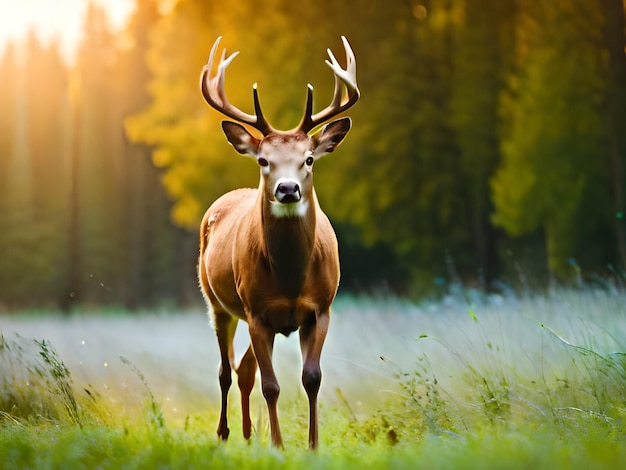 A deer in a field with trees in the background