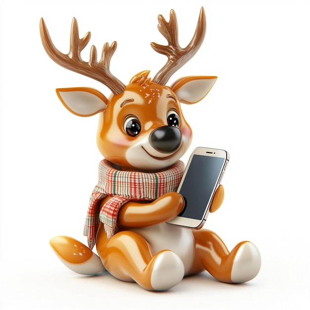 Photo a deer figurine with a plaid scarf holding a phone