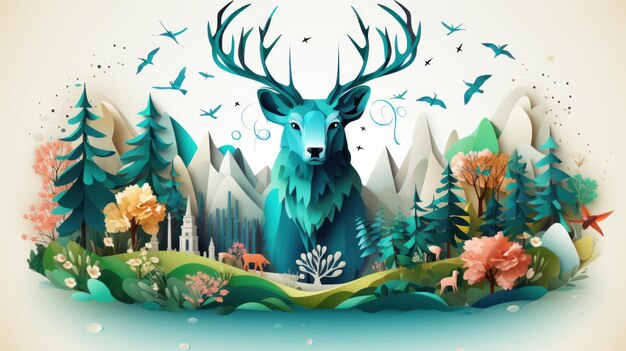 Deer in the forest Paper art style