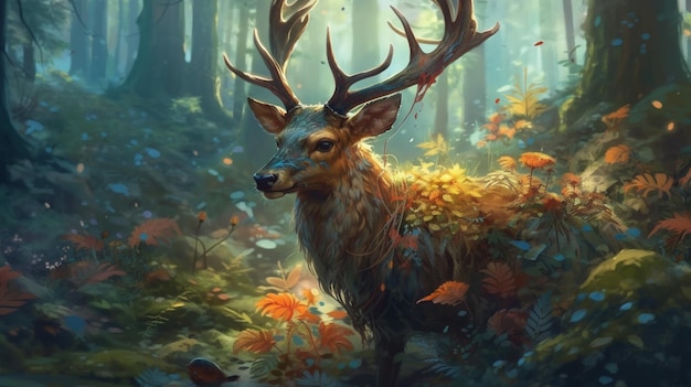 A deer in the forest with autumn leaves on the ground