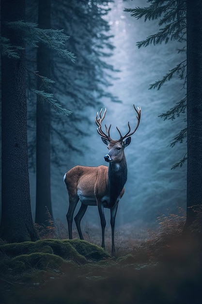 A deer in a forest with a blue background