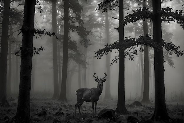 a deer in a forest with a deer in the fog