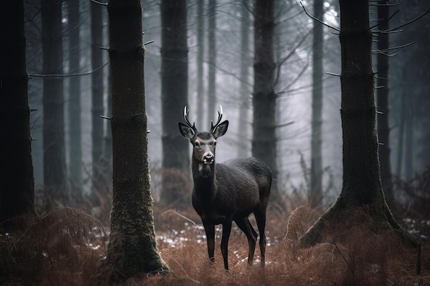 A deer in a forest with fog and trees