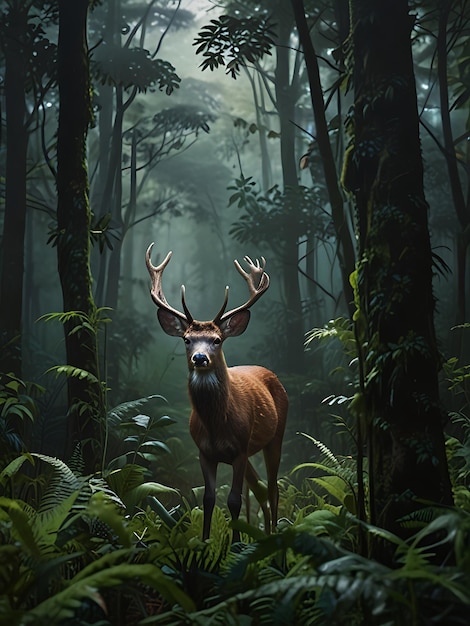 a deer in the forest with a forest in the background