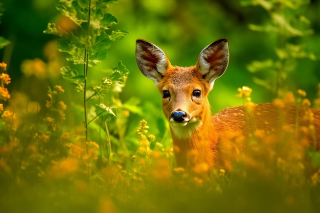 A deer in the forest with green leaves and yellow flowers