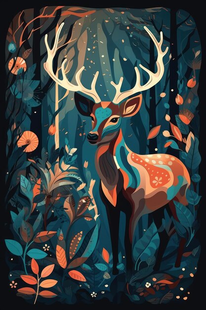 A deer in the forest with leaves and flowers.