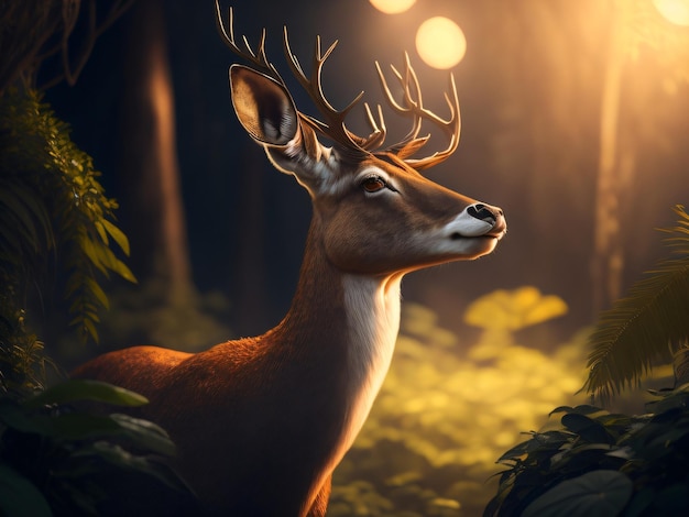 A deer in the forest with lights on