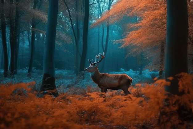 A deer in a forest with orange leaves on the ground