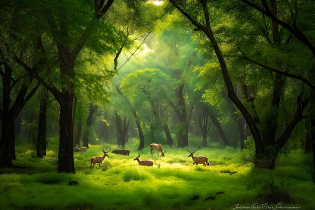 Deer in a forest with the sun shining on the trees