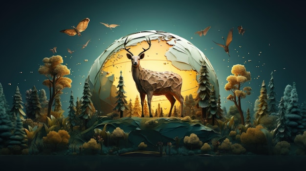 A deer in a glass ball surrounded by trees