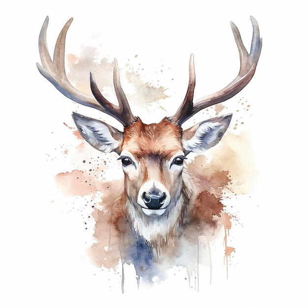 Deer head beautiful art watercolor white background painting Generative AI