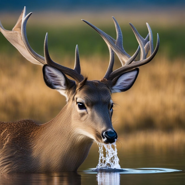 a deer head is sticking out of the water and the antlers are in the water