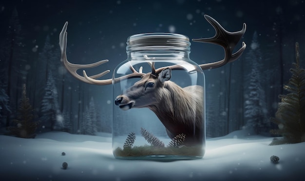 a deer head in a jar that says  deer