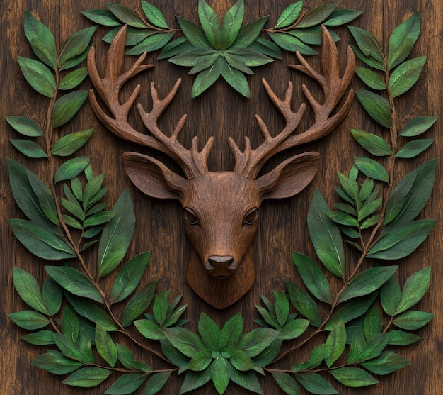 Photo deer head surrounded by green leaves on wooden background