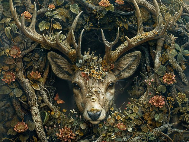 a deer head with antlers and antlers is shown in a painting