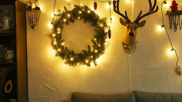 Deer head with glowing Christmas wreath hangs