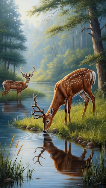 a deer is drinking water from a stream with a deer in the background