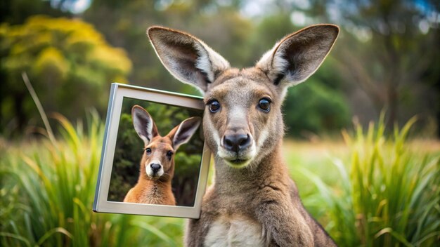 Photo a deer is in front of a framed picture of a deer