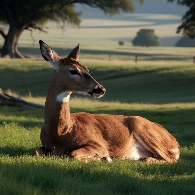 a deer is laying in the grass with a fence in the background