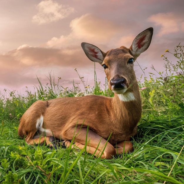 a deer is laying in the grass with a sky background