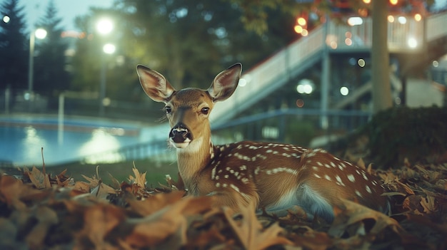 a deer is laying in the leaves of a yard