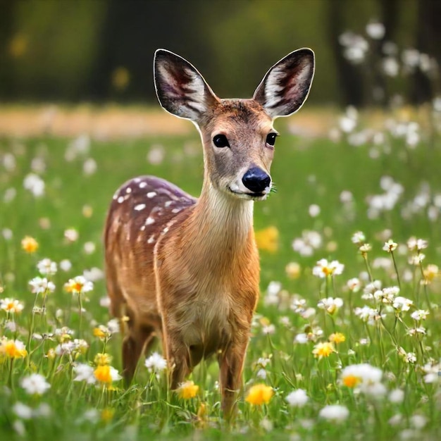 a deer is standing in a field of daisies