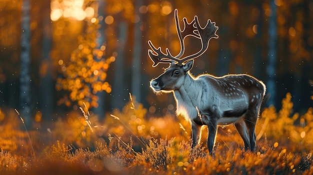 A deer is standing in a field of grass with the sun shining on it