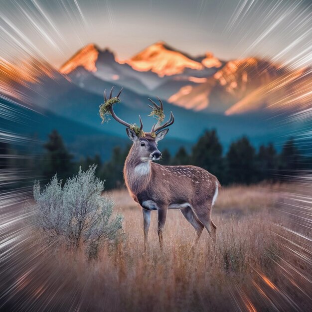 a deer is standing in a field with mountains in the background