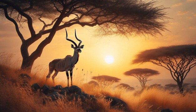 a deer is standing in a field with the sun setting behind it