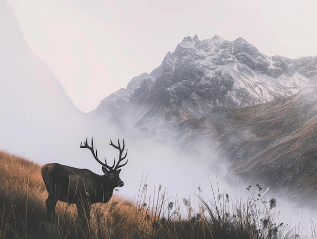 Photo a deer is standing in the grass and the fog is in the background