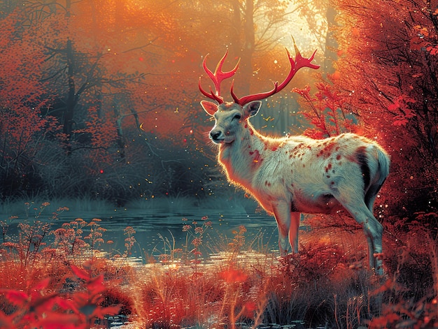 a deer is standing in the grass near a lake