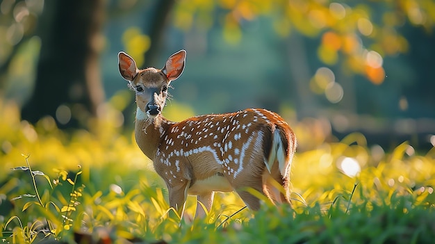 a deer is standing in the grass and the sun is shining