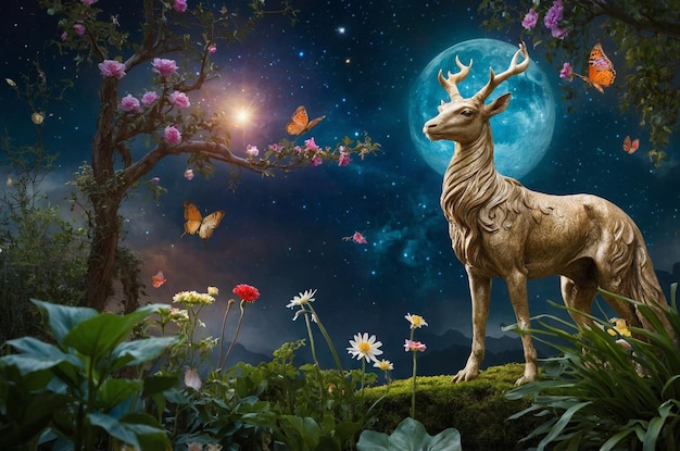 Photo a deer is standing in the grass with flowers and the moon behind it