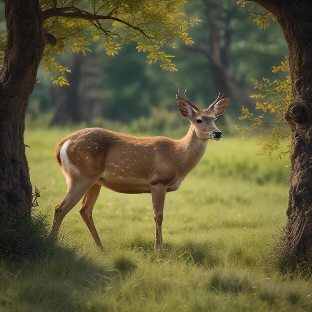 Photo a deer is standing in a grassy field with a tree in the background