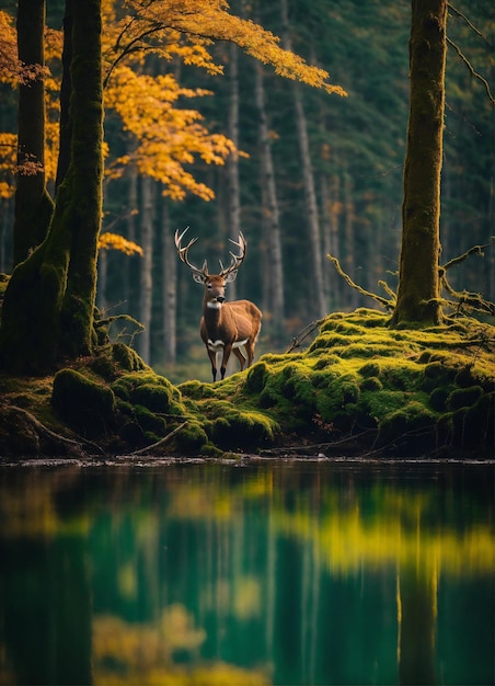 a deer is standing on a moss covered bank in the woods