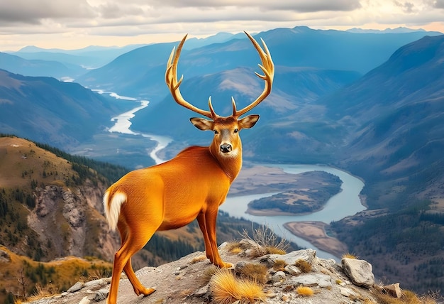 Photo a deer is standing on a mountain with a river in the background