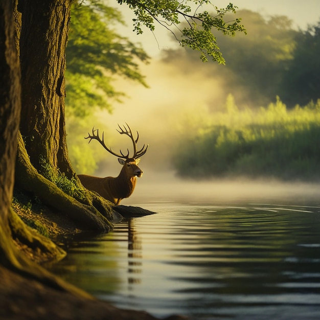 Photo a deer is standing in the shade of a tree