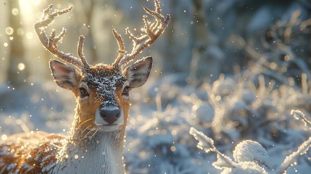 a deer is standing in the snow and it is snowing