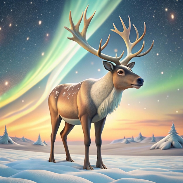 a deer is standing in the snow with the aurora in the background