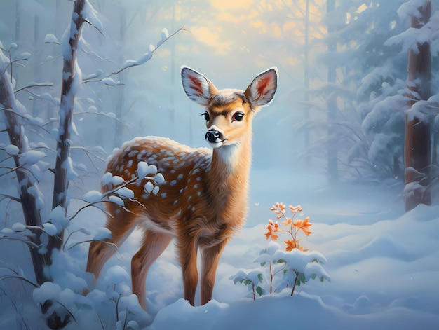 a deer is standing in the snow with a deer on it