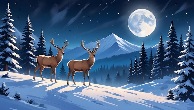 a deer is standing in the snow with a full moon in the background