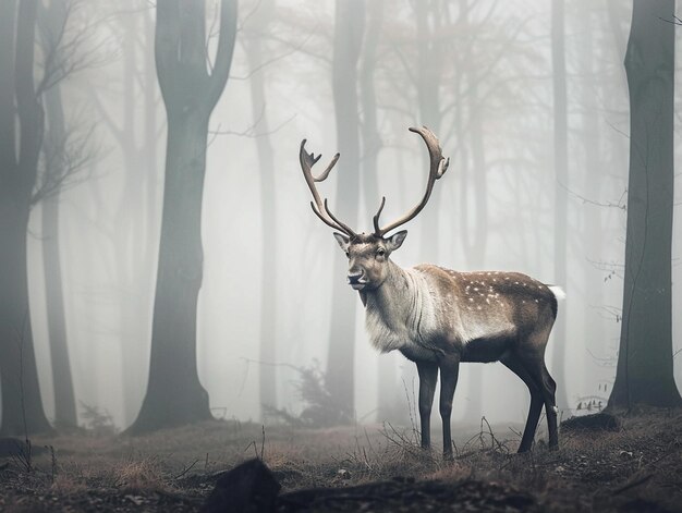 a deer is standing in the woods in the fog