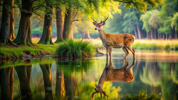 a deer is standing in the woods and is reflected in the water