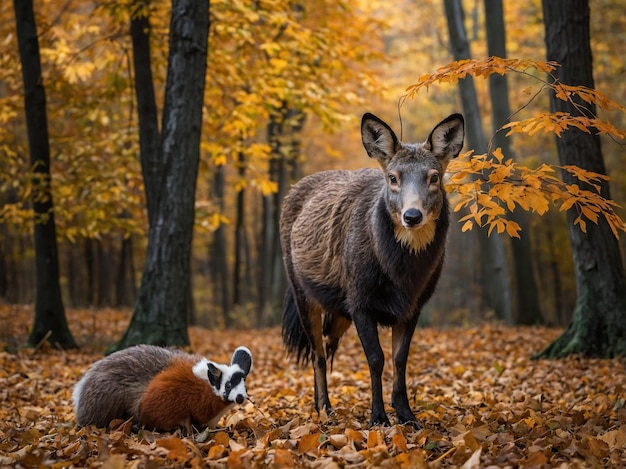 a deer is standing in the woods with a deer in the background