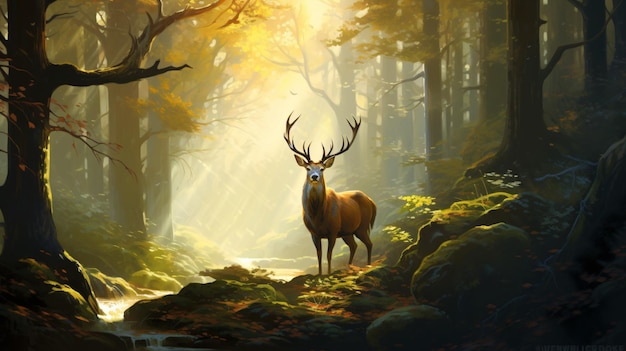 a deer is standing in the woods with the sun shining through the trees