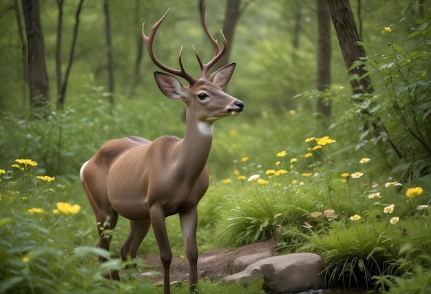 a deer is standing in the woods with yellow flowers